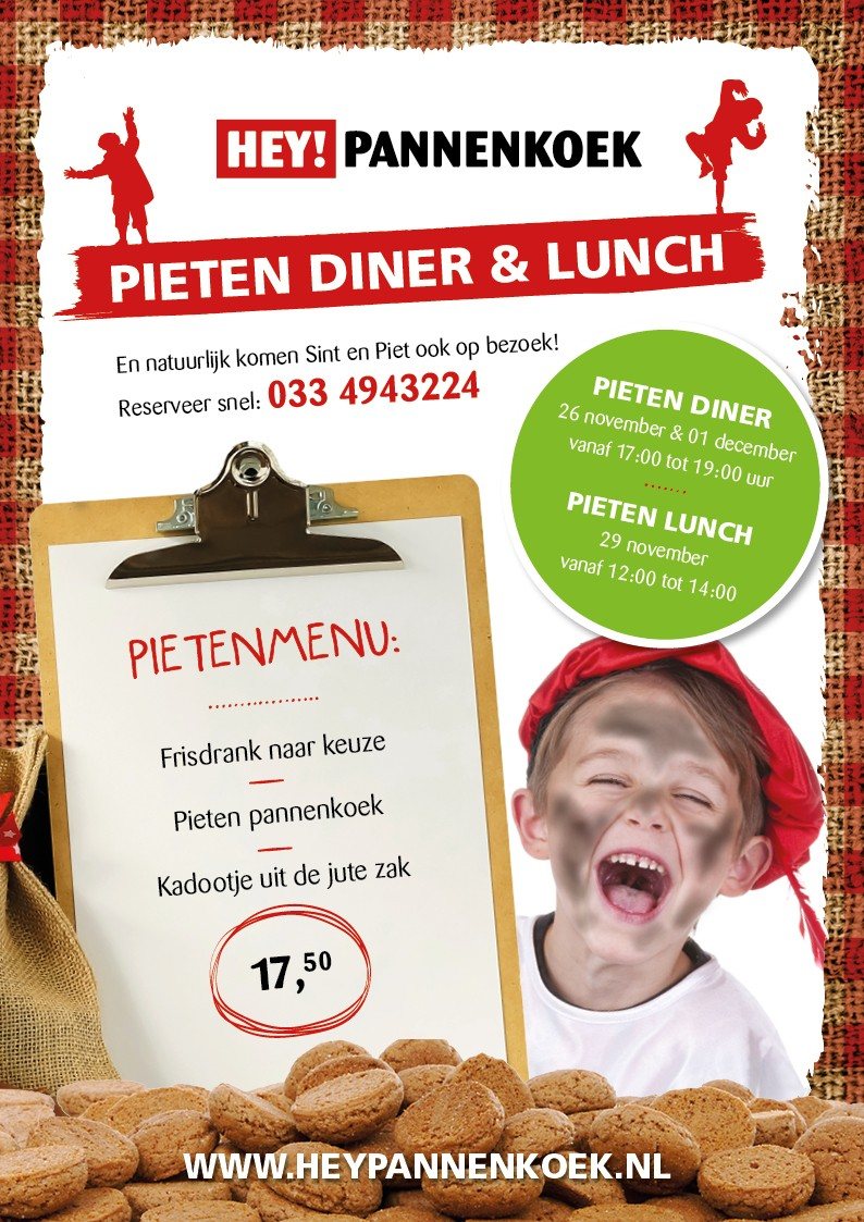 Flyer van HEY!Pannenkoek voor het Pieten diner en de Pieten lunch in 2026, met het Pietenmenu van 17,50 euro en een lachend kind met een rode Pietenmuts